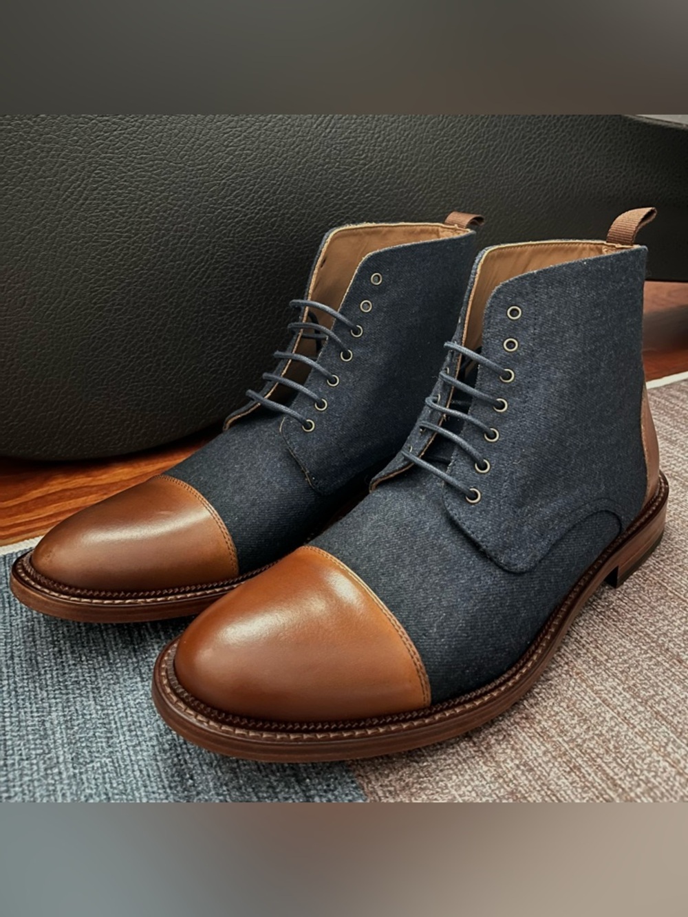 TAFT Jack Boot Mens 11 EU 44 Blue Wool Brown Leather Cap Toe Spain